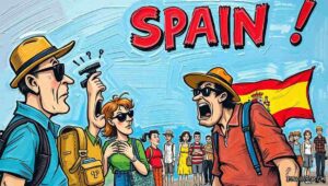 A Spanish protest sign reading 'Tourists Go Home' held by a local resident, while a confused British tourist in a Union Jack t-shirt stands next to it scratching his head with a puzzled expression