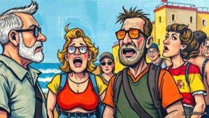 A bewildered British couple in sun hats and sandals with socks, standing at a Spanish market stall, staring at a sign reading 'Pescado' while a Spanish shopkeeper shrugs at them with arms outstretched