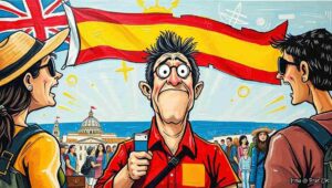 A red-faced British tourist in a football shirt and sunburned bald head, sitting at a Spanish cafe table, pointing angrily at a menu that reads 'Tortilla Española' with a speech bubble saying 'Where are the chips?'