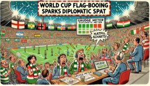 Wide Aspect. A US player walks onto the pitch carrying an American flag. Behind him, 87,000 Mexican fans boo. His expression is completely neutral. A speech bubble reads 'We heard there was booing. We're going to play now.' A teammate shrugs. The scoreboard shows USA vs Paraguay upcoming.