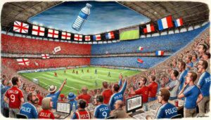 Medium Shot. A football fan at a ticket counter holds a credit card and looks at a receipt showing accumulated costs: 'Ticket - $250, Flight - $800, Hotel - $1,200, Stadium Water (est.) - $45.' A FIFA logo appears at the top. The fan's expression is one of exhausted financial resignation. Behind them, a poster reads 'The Beautiful Game.' A small thought bubble shows a water bottle with a price tag and a question mark.