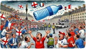 Close-Up. A stressed England fan wearing a shirt and holding a smartphone displaying a tweet from The Free Lions. The tweet reads: 'What next? Suncream banned and fans forced to buy it in stadiums?' The fan's face is flushed and sweating. In the background, a concession stand menu shows 'Sports Drink - £9, Bottled Water - £7, Soft Drink - £6.' A small handwritten sign says 'Cards only. No cash. No tap water.'