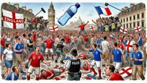 Extreme Long Shot. A massive queue of football fans outside a World Cup stadium under blazing sun. Heat haze rises from the tarmac. One fan holds a confiscated empty water bottle while a security guard gestures at a bin. Another fan holds a bottle of water purchased inside with a price tag showing '$9'. A small sign reads 'Misting tent - this side of entrance only. You are now inside. Good luck.' Sweat drips from multiple faces.