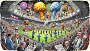Wide Aspect. A split illustration comparing football then and now. Left side: 1966, simple line of players shaking hands, black and white, caption 'Cave painting with shin pads.' Right side: 2026, coloured smoke, branded arch, drone, mascots, 52 players, fireworks, caption 'Theatrical Empire Phase.' The contrast is stark. A small football sits in both images looking unchanged.