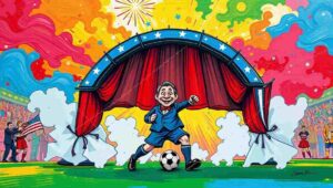 Close-Up. A mascot in formal attire stands on the pitch holding a ceremonial flagpole. The mascot's costume is elaborate but the expression visible through the eye holes is one of visible exhaustion. A speech bubble reads 'I have had a longer day than anyone else present.' In the background, substitutes sit on the bench wearing impressive jackets.
