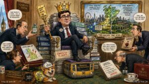 Close-Up. The M25 marked 'Fiscal Border.' A Financial Rebalancing Patrol officer inspects wealth. A Londoner holds £20. A sign reads 'Promise not to spend it on sourdough.' A truck labeled 'Northern Infrastructure' departs.