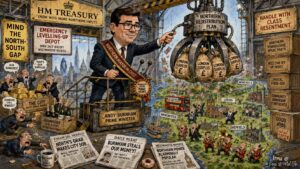 Wide Aspect. Andy Burnham stands at a podium with a map of England. London is labeled 'Find Spare Money.' The North is labeled 'Send It Here.' Parliament is pictured beside a Rochdale retail park. A sign reads 'Prosperity Is Coming - Replacement Bus Provided.' The Palace of Westminster is being dismantled.