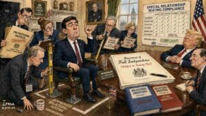 Wide Aspect. A pub argument scene. Andy Burnham and Donald Trump face each other across a table. Behind them, nuclear submarines are visible underwater. A speech bubble from Burnham reads 'Spend more efficiently!' A speech bubble from Trump reads 'Spend more!' The Treasury hides under the table with a calculator.
