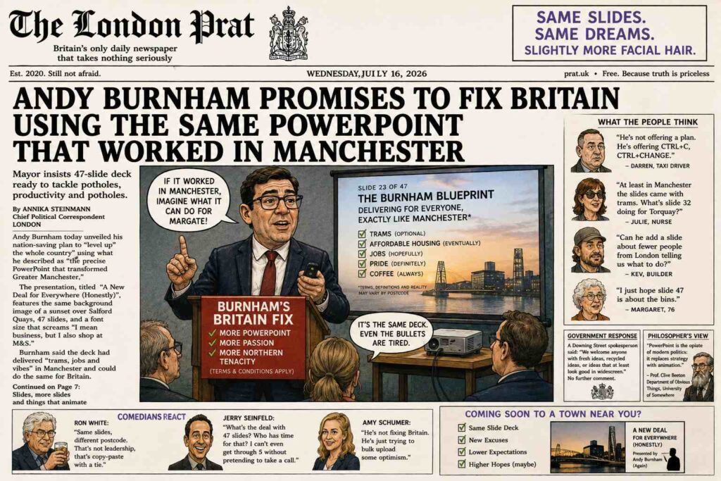 Medium Shot. Andy Burnham stands at a podium holding a clicker. Behind him, a PowerPoint slide reads 'Slide 31 - The Pie Chart That Fixed Manchester.' A sign reads 'National Rollout: Same Deck, 47 Slides.' A clip art tram is visible on the screen. A sticky note says 'Change Manchester to Britain.'