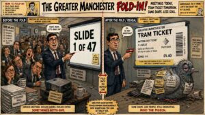 Long Shot. A Manchester market trader stands at a stall. A speech bubble reads 'He fixed the buses fair play. But solving NHS with a clip art bus? That's optimistic.' A tram passes in the background. A sticker says 'PowerPoint Parade - Pride 2026.' Another sign reads 'Burnhamism - Still Defining.'