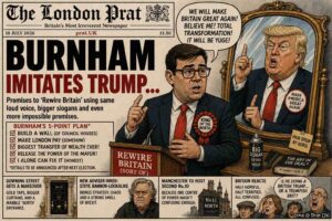 Long Shot. Margaret Thatcher's portrait hangs on a wall. A hand is pointing at it. A speech bubble reads 'Thatcher did it.' Another bubble says 'Everything.' A list below includes housing shortage, train sandwich prices, and Wetherspoons conversions. A sticky note says 'No footnotes required.'