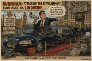 Wide Aspect. A split scene. Left: Donald Trump holds a sign reading 'Make America Great Again.' Right: Andy Burnham holds a sign reading 'Rewire Britain.' Both have confident expressions. A speech bubble from Burnham says 'I'm nothing like him.' A sticky note reads 'Same branding, different drizzle.'