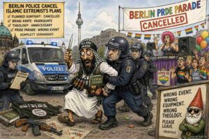 Long Shot. A Pride parade in Berlin. Rainbow flags. People celebrating. A police barricade. In the distance, an allotment garden. A sign reads 'Berlin celebrates. Extremist found. Committee disapproves.' A rainbow flag waves over the city.