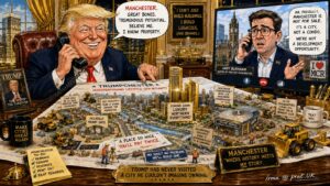 Long Shot. Manchester United and Manchester City logos protected behind a sign reading 'NOT INCLUDED. PRIME MINISTER REFUSED.' Trump looks disappointed. A lawyer holds a document. A gold eagle replaces the worker bee symbol. A football is labeled 'Special Relationship Soccer Classic.'