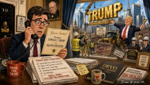 Medium Shot. Donald Trump points at a statue of himself with a speech bubble reading 'I brought escalators.' Behind him, Piccadilly Gardens is replaced with a golf course and fountains. A sign reads 'Trumpchester - The Northern Golfhouse.' A gold-plated tram passes.