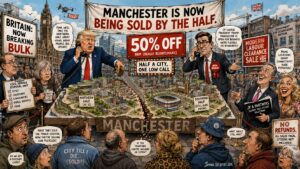 Wide Aspect. Andy Burnham and Donald Trump shake hands over a map of Manchester. One half is labeled 'Trumpchester International.' The other half retains Manchester United and City logos. A gold tram and a giant flat-cap casino appear on Trump's side. A sign reads 'Special Relationship - Property Edition.'