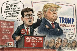 Medium Shot. A large American flag covers the background. Andy Burnham stands in front of it, looking slightly dwarfed. A speech bubble reads 'Britain will speak for itself!' A Whitehall official whispers 'After vocabulary approval, markets close, and a royal photograph.' The flag is large enough to cover Wales.