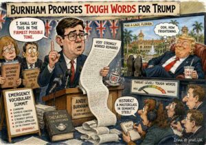 Close-Up. A retired ambassador sits in a leather armchair with a steak dinner. A speech bubble reads 'I told an American official Britain viewed the matter with some unease. He finished his steak.' Behind him, a portrait of the Queen looks unimpressed. A small American flag waves.