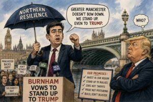Medium Shot. Prime Minister Andy Burnham stands at a podium. Behind him, a sign reads 'Tough Words Unit - 19-Stage Process.' A Whitehall official holds a clipboard labeled 'Unhelpful: Safe. Regrettable: Market impact -0.2%. Wrong: Treasury approval required.' A speech bubble reads 'The United Kingdom continues to engage closely with our partners.'
