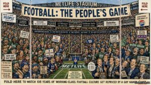 Long Shot. FEMA trucks outside the stadium. A sign reads '$846 million in federal security grants.' An event planner holds a budget sheet showing $250 million host city shortfall. A FIFA logo sits nearby. Taxpayers look on.