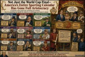 Close-Up. A FIFA ticket resale screen. A seat is listed at $2.3 million. Gianni Infantino holds a hot dog. A speech bubble says 'I'll deliver this personally.' A second bubble says 'For the price of a chateau.' A hot dog appears.