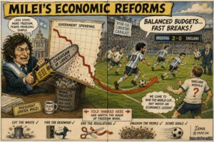 Wide Aspect. Argentina players celebrate as England players look dejected. President Milei holds a chainsaw beside the pitch. A chart on the sideline shows inflation falling while England's possession disappears. A speech bubble reads 'Fiscal discipline creates stoppage-time finishing.'