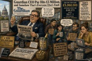 Wide Aspect. A Guardian office. An executive stands beside a board labeled 'Ethical Offset Calculator.' A list shows: 'One investigation on pharma pay - cancels £75k. A stern column on wealth tax - cancels £40k. A photo of an NHS nurse - cancels first-class upgrade.' A speech bubble says 'Guilt-neutrality by next year.'