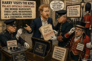 Medium Shot. Prince Harry stands at a palace security checkpoint. A guard holds a tray containing a memoir manuscript, three lapel microphones, and a Netflix clapperboard. Another guard searches a corgi. A sign reads 'One Microphone Limit.' A speech bubble says 'I expected twelve microphones.'