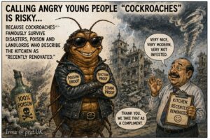 Long Shot. A satirical sign reading 'Calling angry young people 'cockroaches' is risky because cockroaches famously survive disasters, poison and landlords who describe the kitchen as 'recently renovated.'' A cockroach labeled 'Poison Proof,' 'Eviction Proof,' and 'Exam Proof' stands beneath a can of poison labeled '100% POISON.' Another sign reads 'Thank you. We take that as a compliment.'