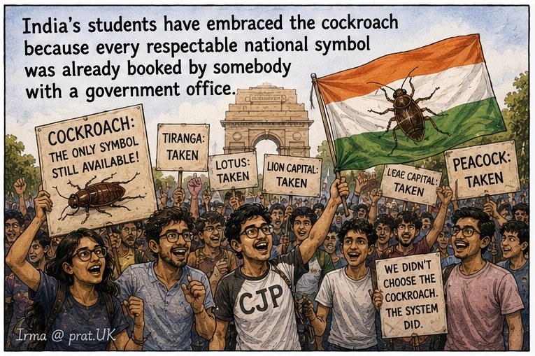 Medium Shot. A satirical sign reading 'Calling angry young people 'cockroaches' is risky because cockroaches famously survive disasters, poison and landlords who describe the kitchen as 'recently renovated.'' A cockroach stands beside icons for 'Exam Stress,' 'Poverty,' 'Unemployment,' and 'Inflation.' A speech bubble reads 'Poison? Please. I've outlived three governments and one food delivery app.' Another sign says 'Recently Renovated (Kitchen).'
