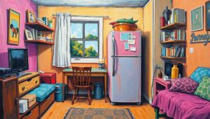 Medium Shot. A tenant holds a security deposit deduction form. Deductions listed: 'Sunlight faded curtains - £1,800.' 'Carpet appeared emotionally different - £900.' 'Excessive breathing - £250.' 'Incorrect appreciation of magnolia paint - £150.' 'Failure to admire extractor fan - £100.' The tenant looks defeated. A Range Rover passes in background.