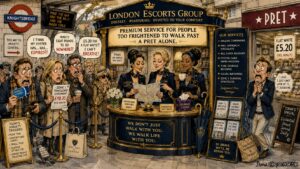 Wide Aspect. A suited London professional stands frozen outside a Pret A Manger, looking anxious. An escort companion in elegant attire gently guides them past. A sign reads 'Premium Navigation Service - Includes Emotional Support During Bills.' Multiple Pret branches line the street. A parking meter displays £8.50 per hour.