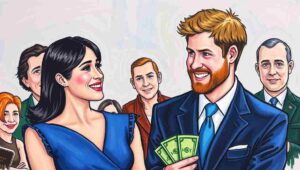 Wide Aspect. A Hollywood producer pitches a project to Harry. On a whiteboard: 'Undercover Duke,' 'Real Househusbands of Montecito,' 'Healing With Harry,' 'Spare Change.' Harry looks uncomfortable. Producer holds a contract. A sign reads 'Merchandise available Friday.'