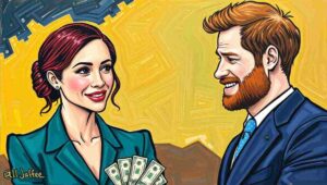 Long Shot. Harry sits in a Montecito mansion living room holding a mortgage letter. A banker sits opposite holding a tablet. Speech bubble reads 'Prince of Sussex is impressive, sir. The computer still wants numbers.' A Netflix contract sits on coffee table.