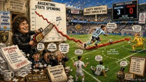 Close-Up. A BBC Sport graphic titled 'Was England Beaten by Austerity?' The graphic shows Argentina's GDP growth arrow pointing up and England's possession arrow pointing down. A Sky Sports caption reads 'Ideologically offside.' A pundit holds a report on fiscal discipline.