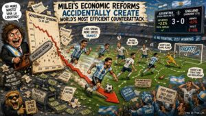 Medium Shot. Lionel Messi dribbles past an England defender. A sign on the pitch reads 'Deregulation Zone - No Committee Approval Required.' A speech bubble says 'Removed unnecessary defensive bureaucracy.' An English midfielder looks confused, holding a planning form.