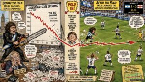 Wide Aspect. A Buenos Aires newspaper headline reads 'Fiscal Discipline Produces Two Late Goals and One Emergency British Inquiry.' Another headline says 'Chainsaw Economics Finally Reaches the Final Third.' Milei waves a chainsaw. England's FA demands an inquiry.