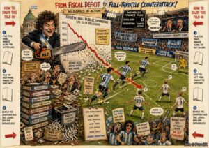 Long Shot. A pub in London. England fans stare at a TV. One fan holds a packet of crisps. A speech bubble reads 'England play like applying for a mortgage. Argentina play like the bank said no.' Another adds 'I would have nationalised Messi.' Disappointment fills the room.