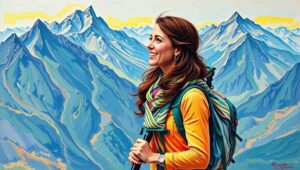 Wide Aspect. A three-panel cartoon strip. Panel one: Kate at mountain base in a raincoat. Panel two: Kate at summit in a dry fleece. Panel three: a conspiracy theorist at a laptop, wild-eyed, surrounded by string and photographs, thought bubble reading 'IMPOSSIBLE.' Caption: 'Meteorology: 1. Internet: 0.'