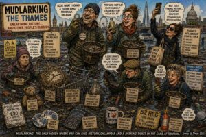 Medium Shot. Two mudlarks kneel in the mud, one holding a metal detector. A speech bubble reads 'Eyes only!' Another bubble says 'Scraping is acceptable.' A third person photographs a find for Instagram with a tasteful background. A sign reads 'Great Eyes-Only vs Scraping Divide - Debate Here.' A discovery labeled 'Extremely Rare Comma - The Guardian wants it back.'
