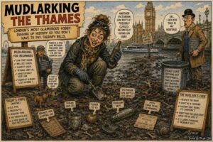 Wide Aspect. Mudlarkers line the Thames foreshore near Blackfriars Bridge, all wearing waterproof trousers and gloves. One examines a corroded hinge. Another holds a fragment of clay pipe. A sign reads 'Permit Required - Four Categories.' A waiting list board shows '10,000 names - Closed.' An official holds a laminated card. A pigeon watches.