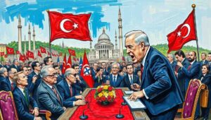 Wide Aspect. A NATO summit hall in Ankara. Leaders sit around a large table. A sign reads 'Guess What Trump Says Next - Scoreboard.' Points tallied for Greenland, defence spending, golf, tariffs. European diplomats clutch espresso. A technician holds a large red button labeled 'MICROPHONES OFF.' A clock shows 7/8/26.