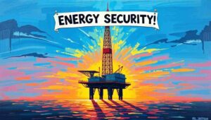 Close-Up. Andy Burnham holds a letter from Offshore Energies UK. A speech bubble reads 'First week in office. Already between a rock and a Rosebank place.' A cabinet room shows officials drawing up plans for new drilling. A sticky note says 'Rosebank: 300 million barrels - modest, apparently.'
