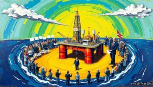 Wide Aspect. An offshore oil rig in the North Sea. A speech bubble from a government official reads 'We'll need a twelve-year consultation first.' A second bubble from an industry worker says 'You can't heat a house with a consultation.' A stack of letters labeled 'Offshore Energies UK - 400 MPs' floats nearby.