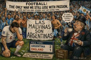 Long Shot. A comedy stage. Glenn Moore holds a microphone. A speech bubble reads 'They've submitted 400 hours. That's longer than the actual war.' Another comic says 'VAR ruling by 2030.' A sign reads 'Falklandball - Portmanteau Nobody Wanted.' A pun jar sits nearby.