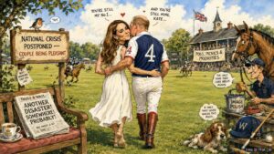 Wide Aspect. Prince William and Catherine walk together holding hands after the polo match. They look relaxed and happy. The polo field is behind them. A sign reads 'No Documentary Deal Attached.' Charities logos are visible. The couple appears genuinely content.