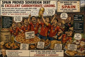 Wide Aspect. Spain's midfield controls possession in a swarm. A speech bubble says 'Nationalisation of the ball. Private Argentine enterprise discouraged.' A second bubble says 'Socialism with pressing.' An Argentine player looks for the ball. He cannot find it.