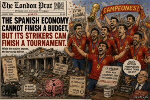 Medium Shot. A Spanish player holds the championship ring. A speech bubble says 'Cash was considered vulgar. Rings can be sold when the electricity bill arrives.' A finance ministry official peers over his shoulder. A tax form is visible. The ring gleams.