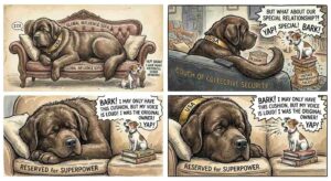 Wide Aspect. A large dog sits on a luxurious leather sofa, looking smug. A smaller dog stands nearby barking. The smaller dog wears a Union Jack collar. The larger dog wears an American flag collar. A sign reads 'Special Relationship - Since 1945.' A small note says 'Britain: Barking rights. America: Sofa rights.'