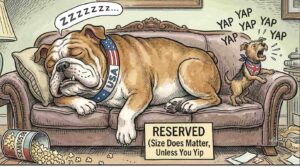 Close-Up. A British tabloid front page. Headline reads 'POOCHLOMA - Bark Louder or Accept the Armrest?' A smaller headline reads 'Trump's Sofa Diplomacy Shakes Whitehall.' A cartoon shows a small dog barking at a large sofa. A caption reads 'Special seating arrangement continues.'